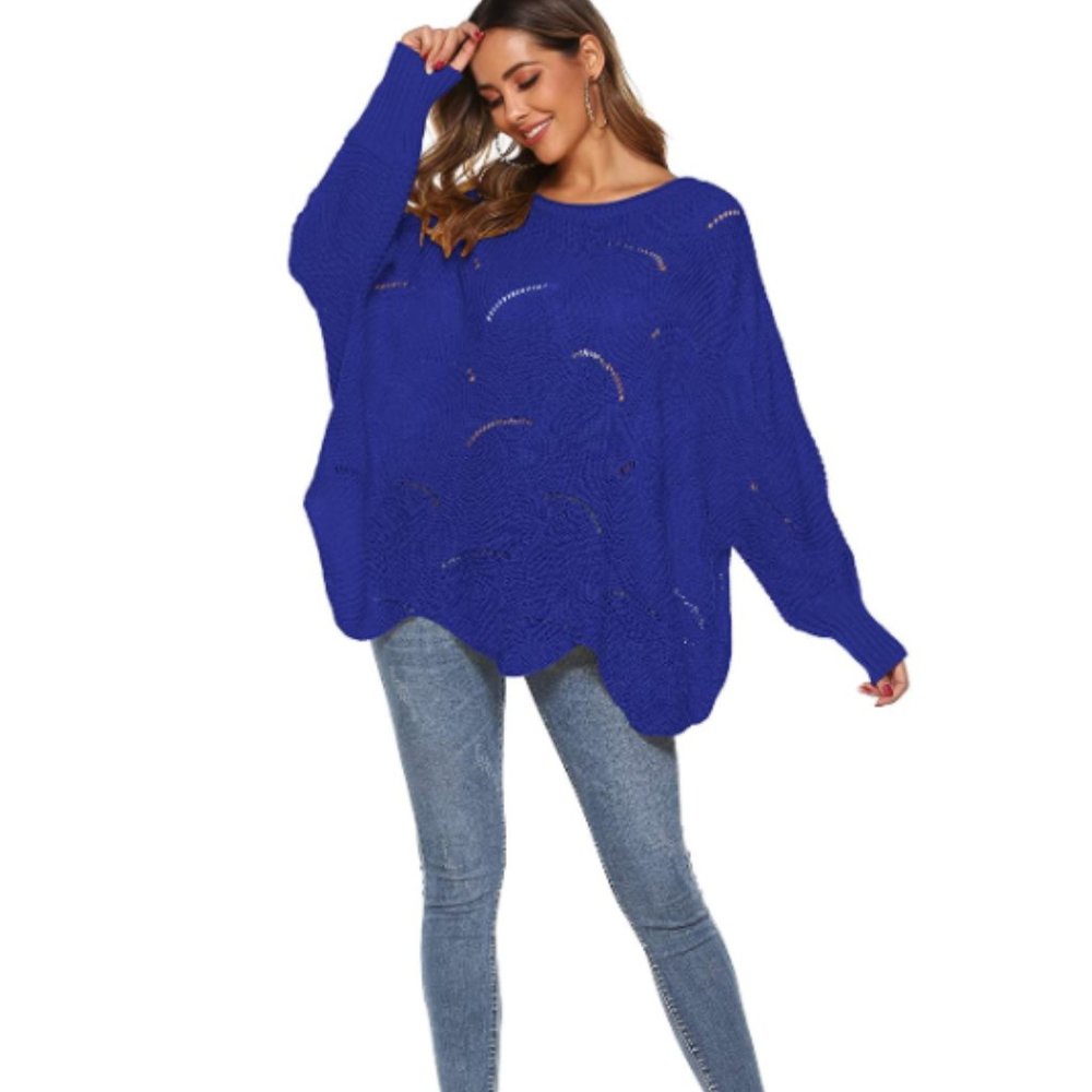 NWT Royal Blue Slouchy Scalloped Hem Knit Sweater. - Picture 3 of 6